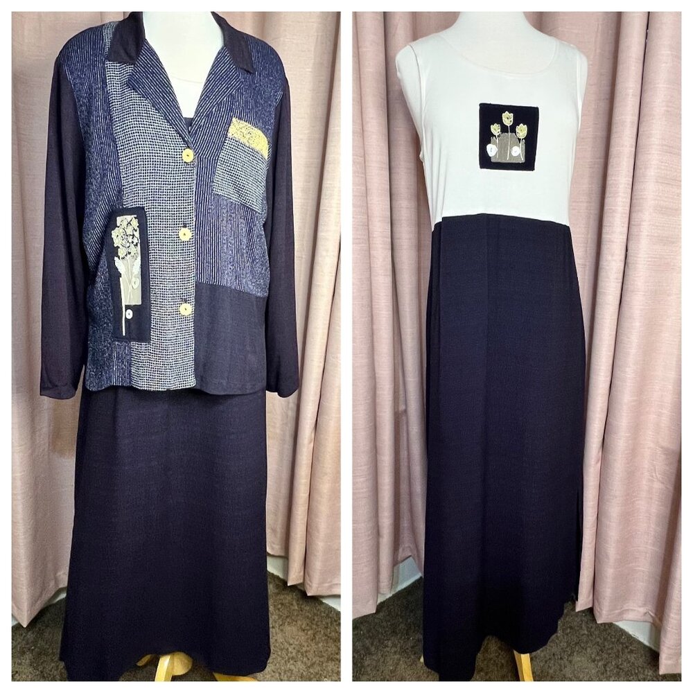 Vintage Piccalino Petite Patchwork Blazer & Skirt Set - Long Sleeve Jacket With